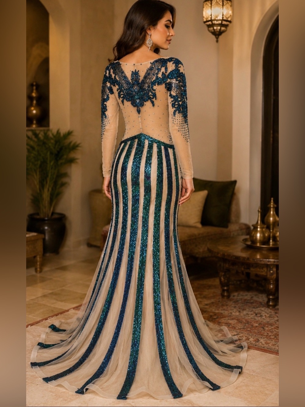 Green  Teal and Nude Long Sleeve Sequin Evening Gown